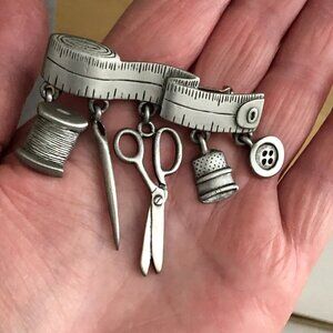 JJ Jonette Vintage Pewter Sewing Tape & Tools Pin Brooch